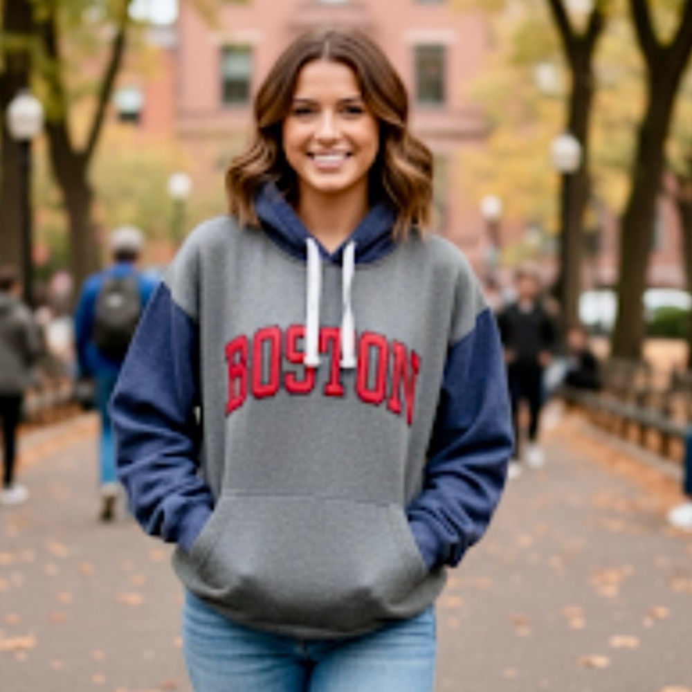 Women’s Blue Red Boston Long Sleeved‎ Hoodie Sweatshirt Sz:Large EUC